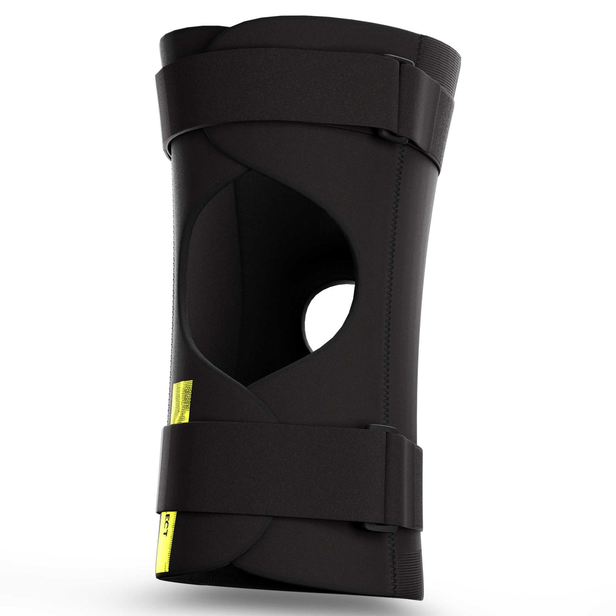 Svarta Knee Support Splints med gul etikett, sportstöd, baksidesvy