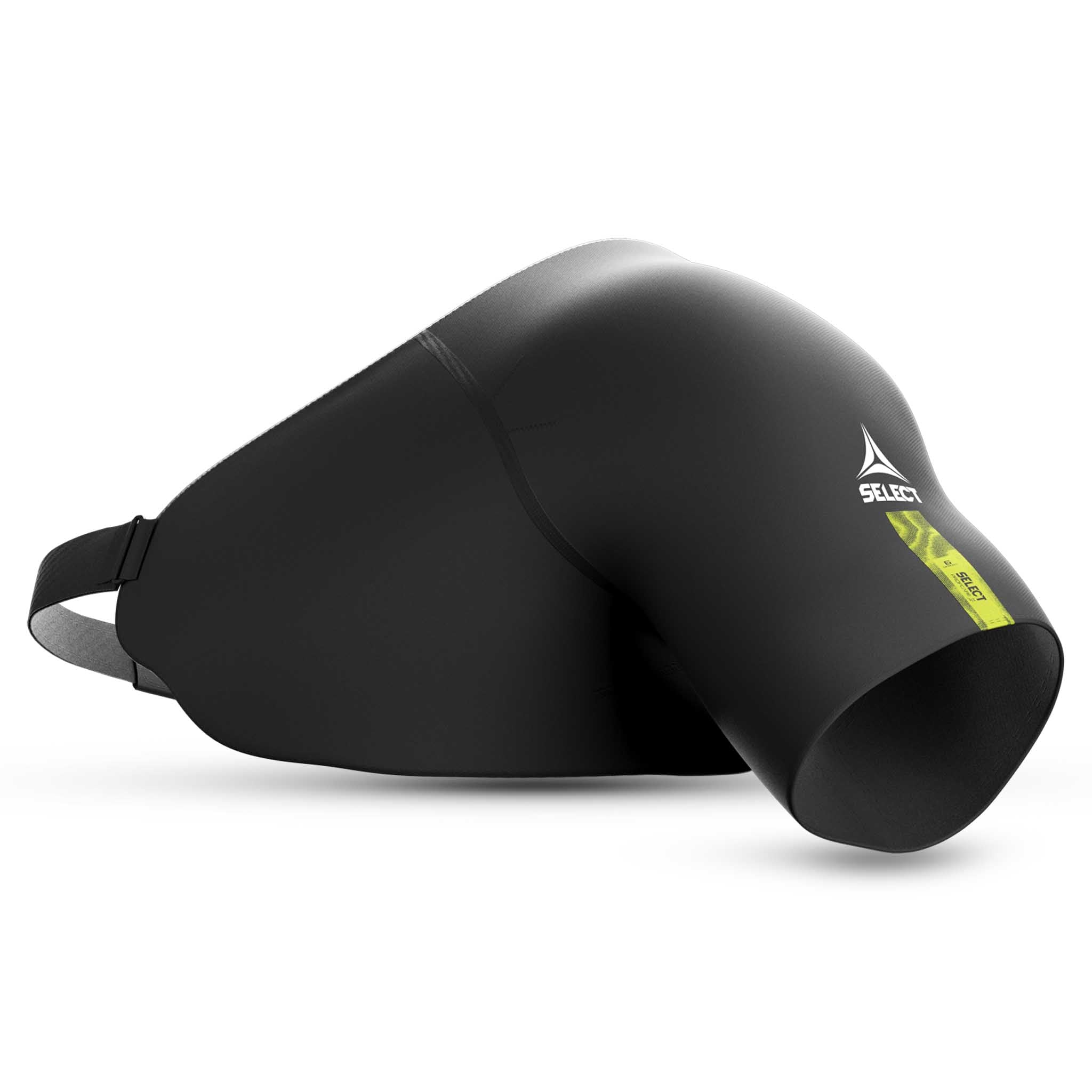 Forside af sort Shoulder Support sportsstøtte med grønne logodetaljer og justerbar rem.