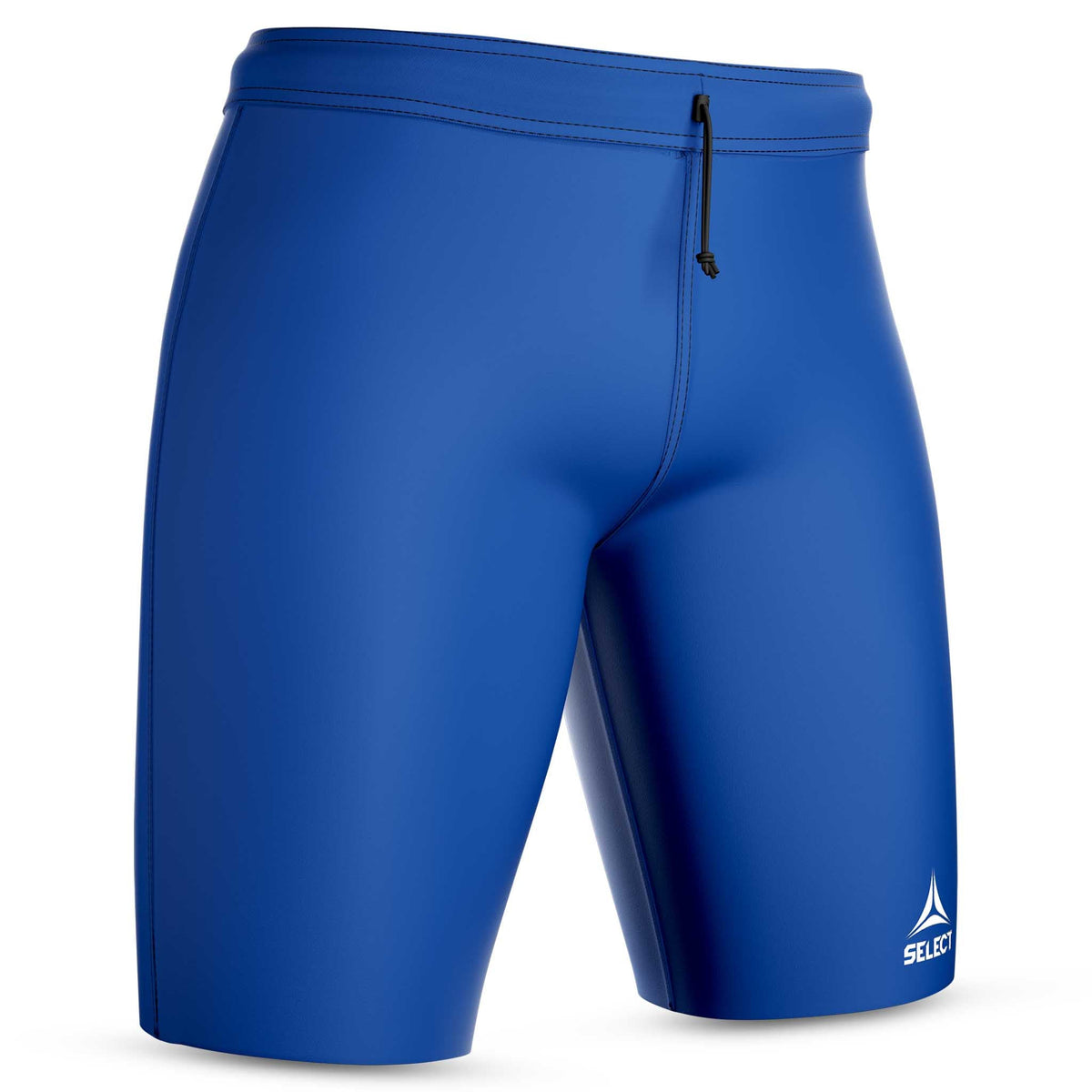 Blå Thermal Shorts, sportstöd, framsidesvy med dragsko och logga.