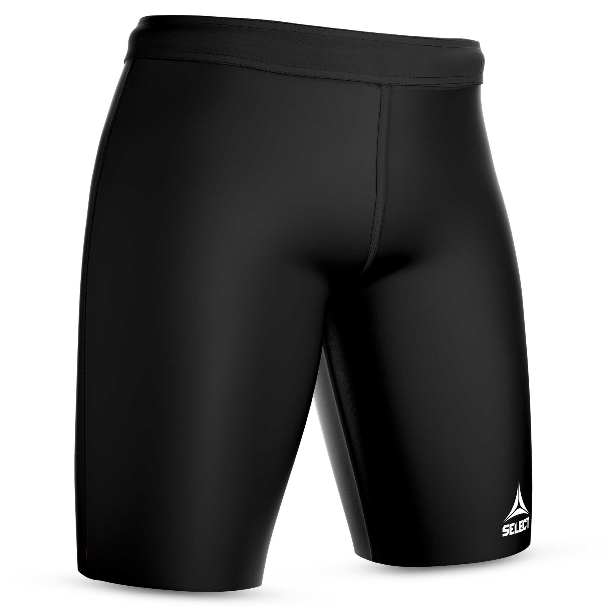 Forside af sorte Thermal Shorts, sportsstøtte, med hvidt logo på benet.