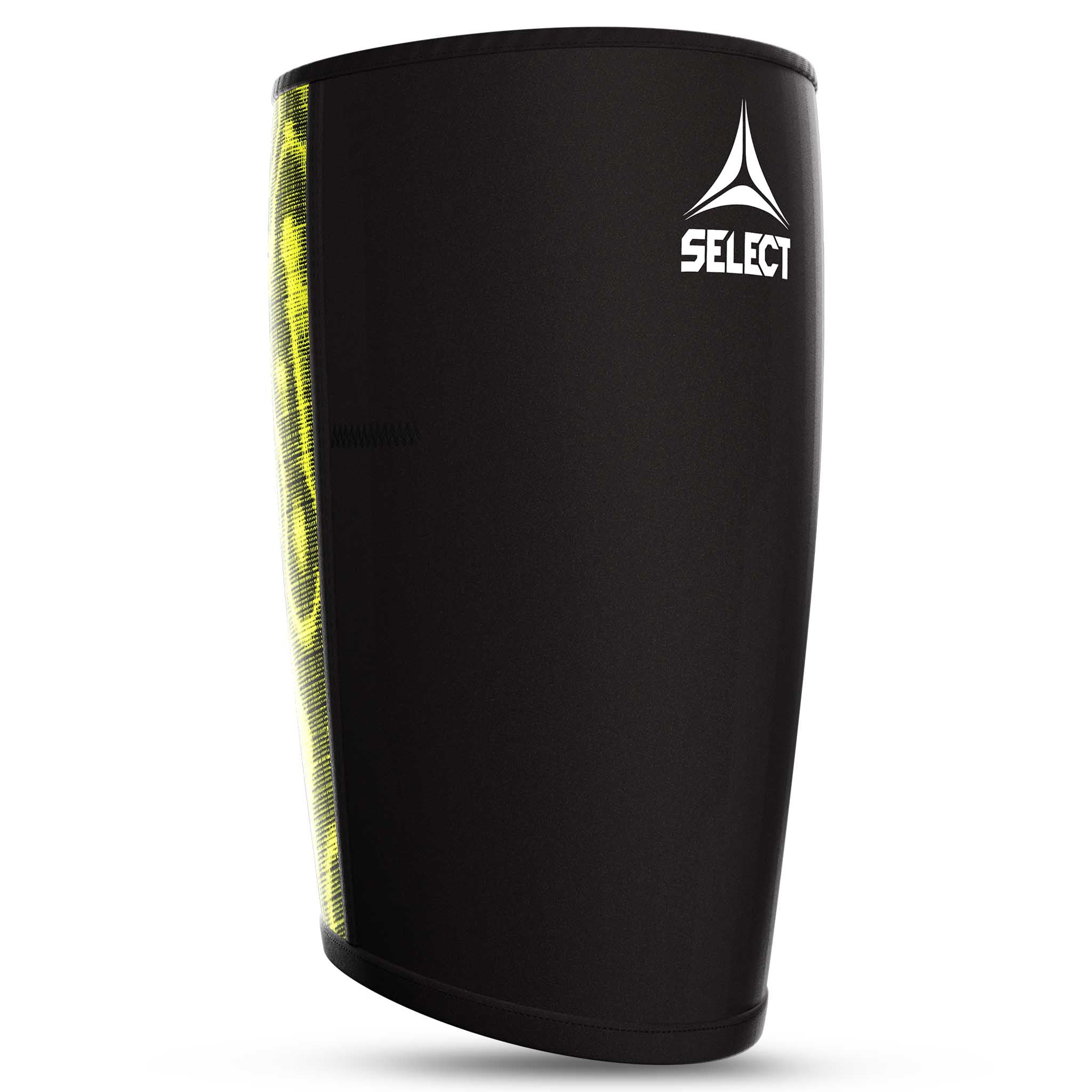 Forside af sort Thigh Support sportsstøtte med gul sidedetalje og hvidt Select-logo.