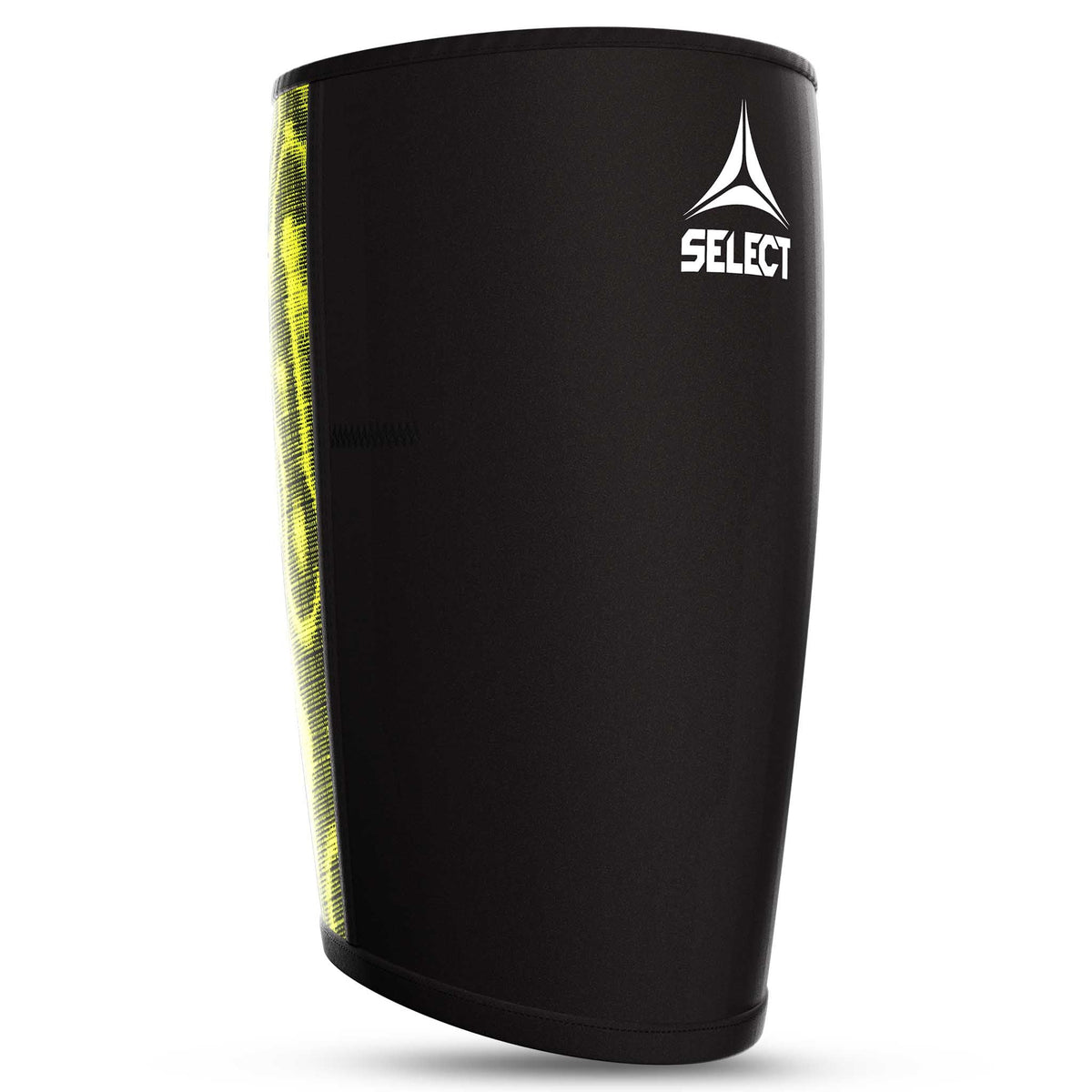 Forside af sort Thigh Support sportsstøtte med gul sidedetalje og hvidt Select-logo.