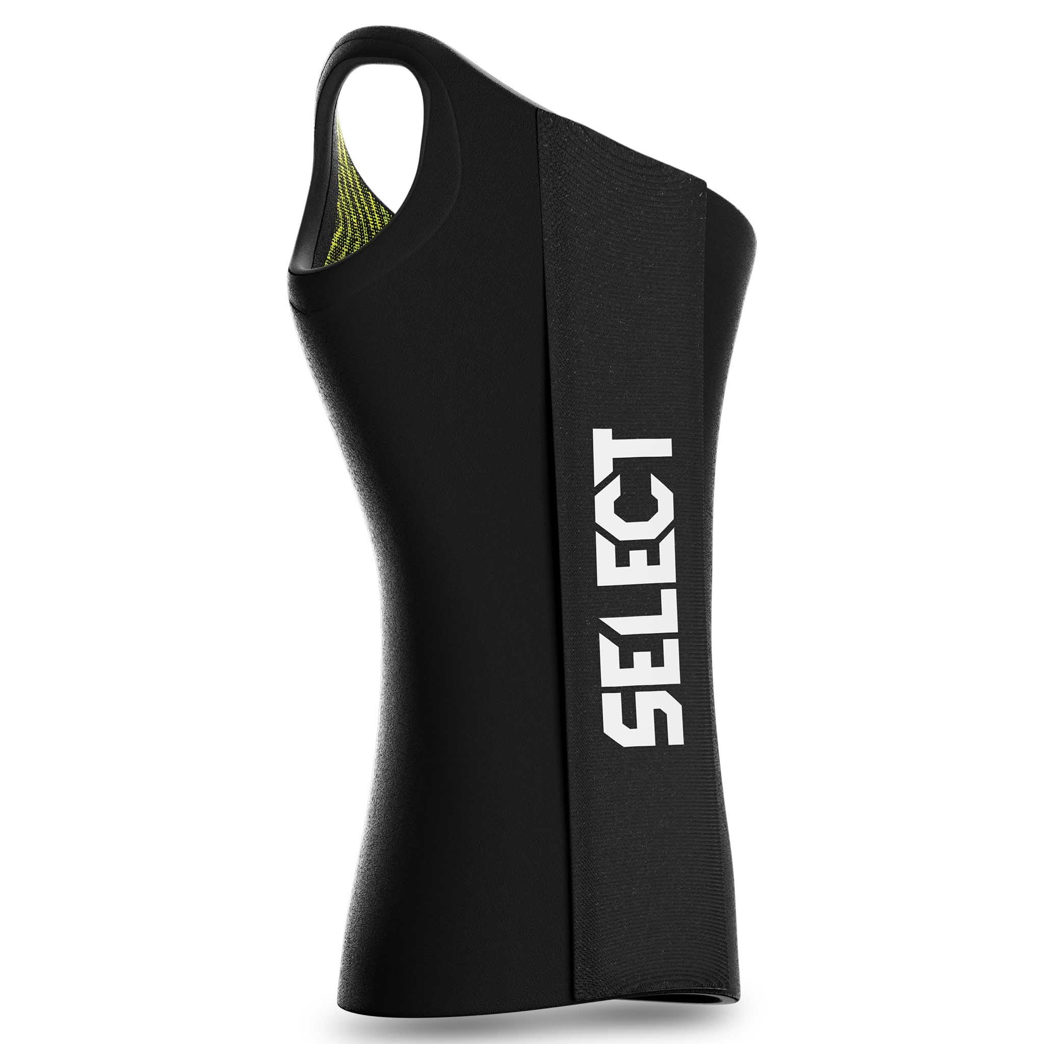 Framsida av svart Select Wrist Support 3 R, ett sportstöd för fotboll med grönt innerfoder.