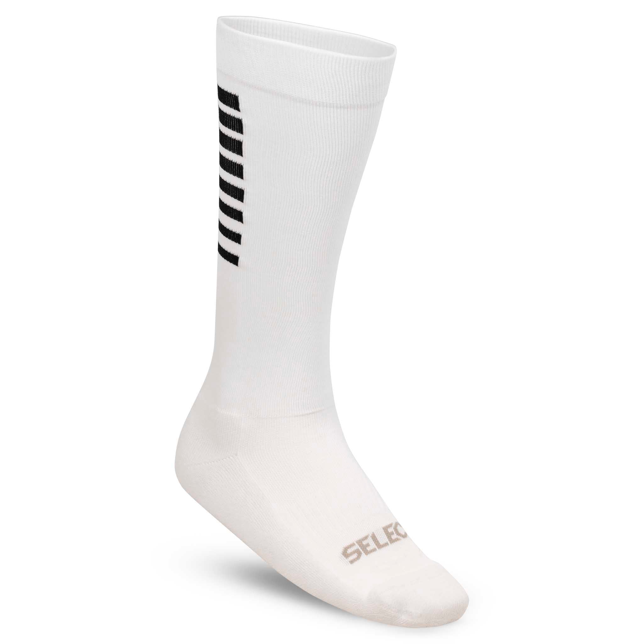 Hvid Sports sock Long v25, Match & Training wear, med sorte striber, forside.