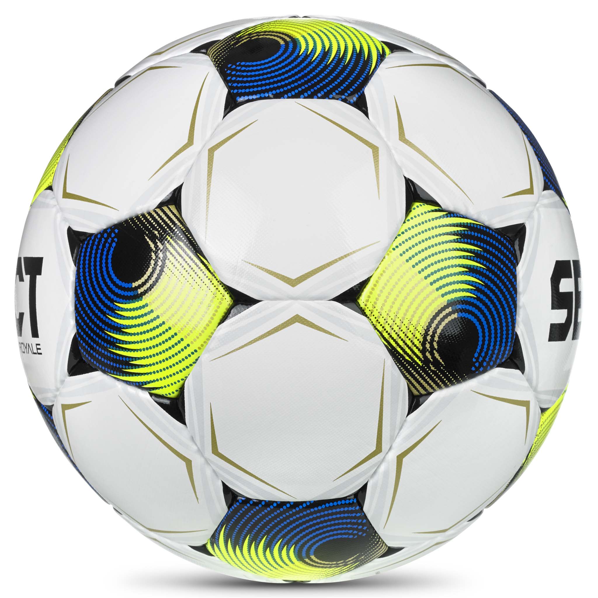 Royale v26 fotboll, sedd från höger sida, vit med gula, blå och svarta paneler.
