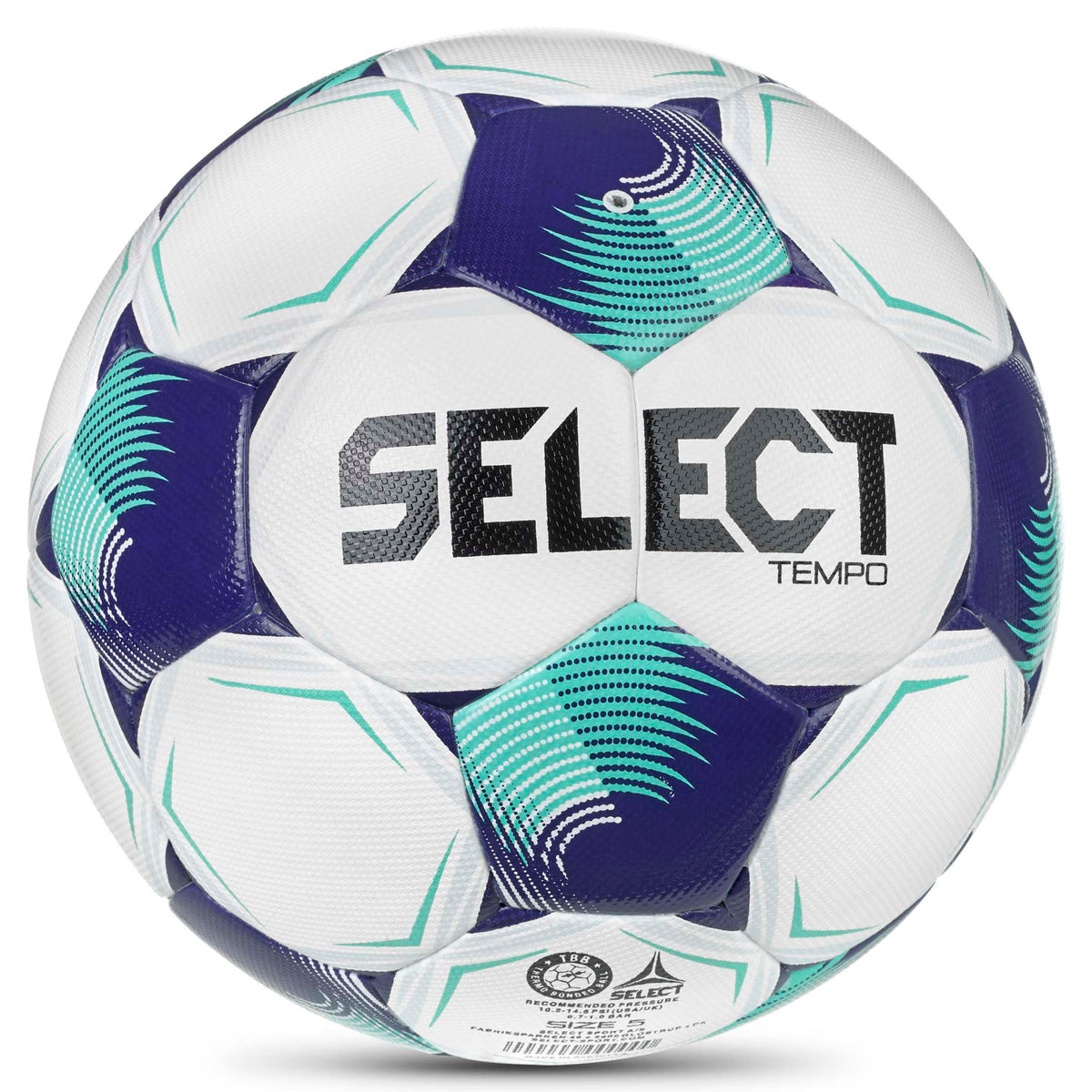 Baksida av Tempo v26 fotboll i vitt med lila och turkosa paneler och svart Select-logga.