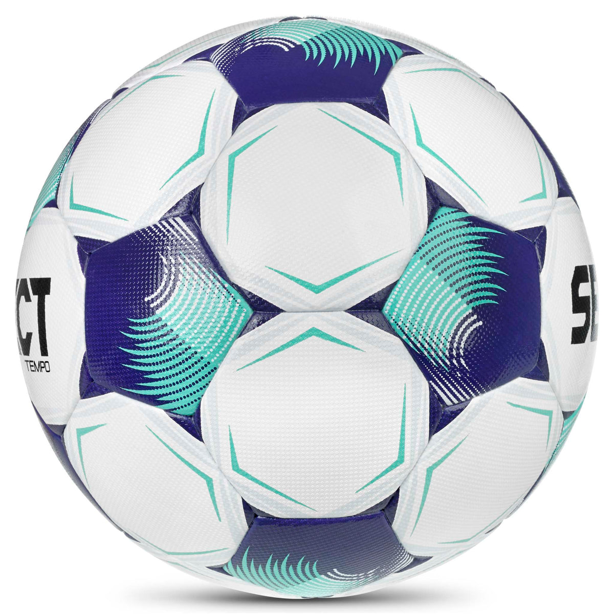 Tempo v26 fotboll i vitt med lila och turkosa detaljer, sedd från höger sida.