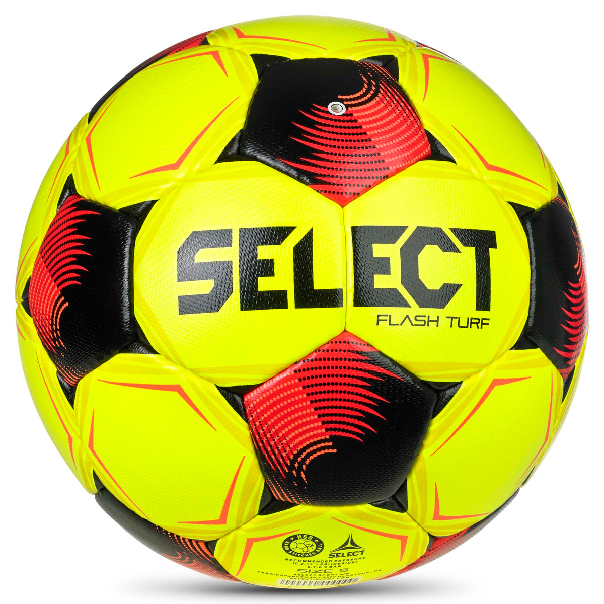 Flash Turf v26 fotboll, baksida. Gul boll med svarta och röda paneler och logotyp.