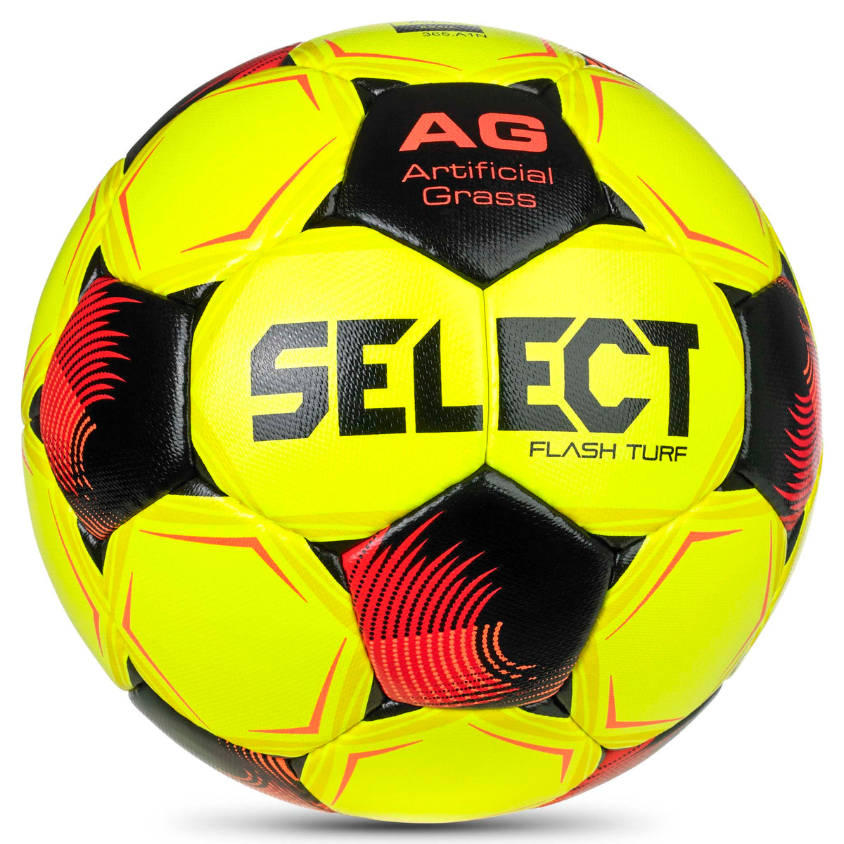 Flash Turf v26 fotboll i gult, rött och svart, framsidesvy för konstgräs.