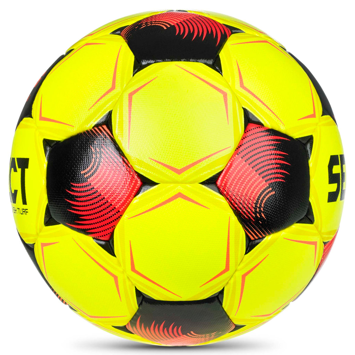 Flash Turf v26 fotboll i gult med röda och svarta detaljer, sedd från höger sida
