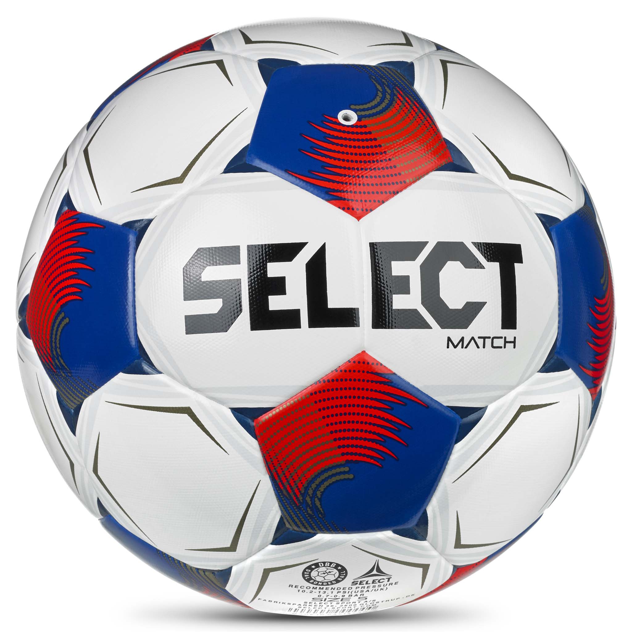 Bagside af Match v26 fodbold i hvid med røde og blå paneler og sort Select-logo.