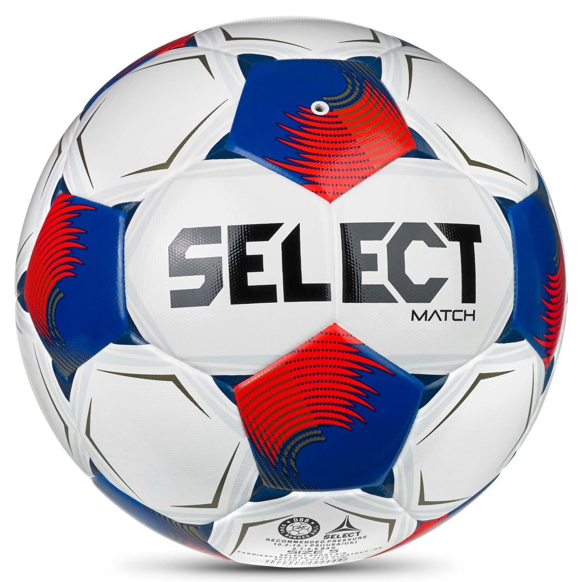 Baksida av Match v26 fotboll i vitt med röda och blå paneler och svart Select-logga.