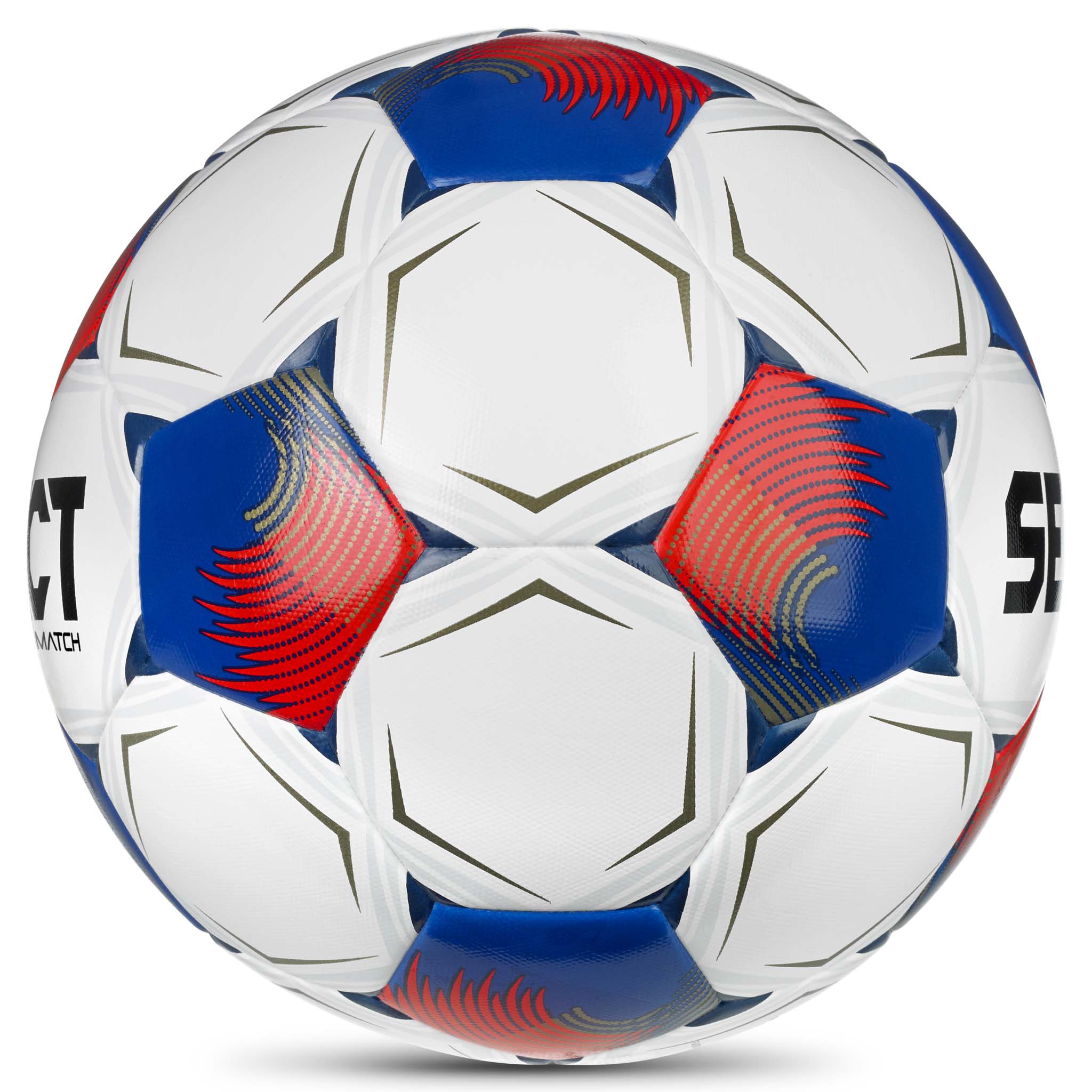 Sidebillede af Match v26 fodbold i hvid med blå og røde paneldetaljer.