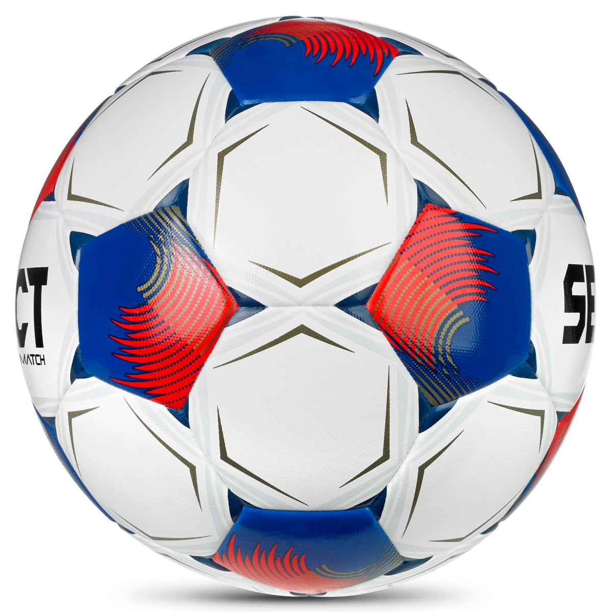 Sidovy av Match v26 fotboll i vitt med blå och röda paneldetaljer.
