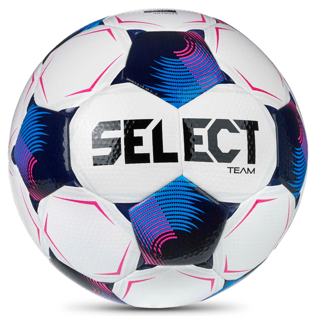 Team v26 fotboll, framsida, vit med blå, marinblå och rosa paneldesign.