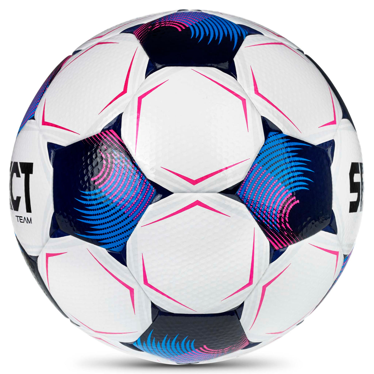 Team v26 fotboll, sedd från höger sida, vit med blå, marinblå och rosa paneldetaljer