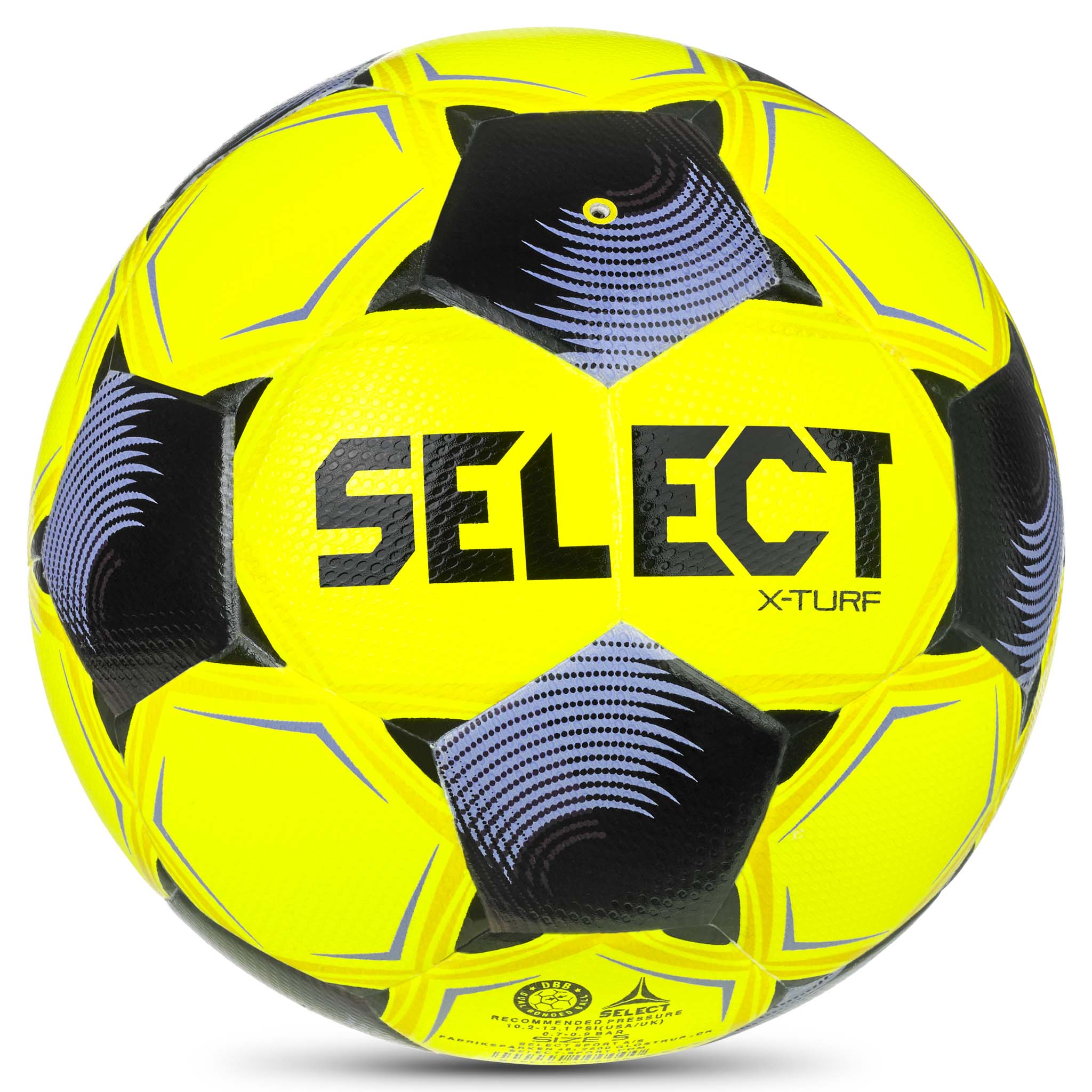 X-Turf v26 fodbold, bagside, i gul med sorte og lilla stjernepaneler og Select-logo.