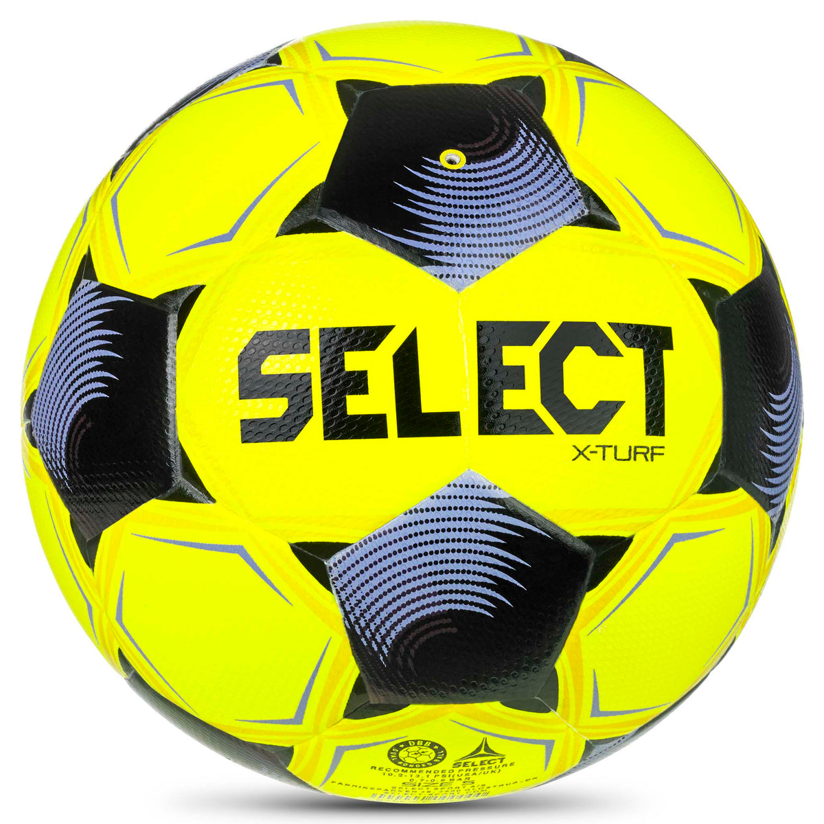 X-Turf v26 fotboll, baksida, i gult med svarta och lila stjärnpaneler och Select-logotyp.