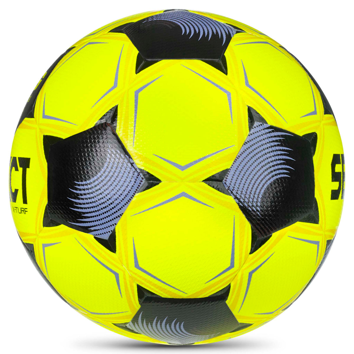 X-Turf v26 gul fotboll med svarta och lila paneldetaljer, sedd från höger sida