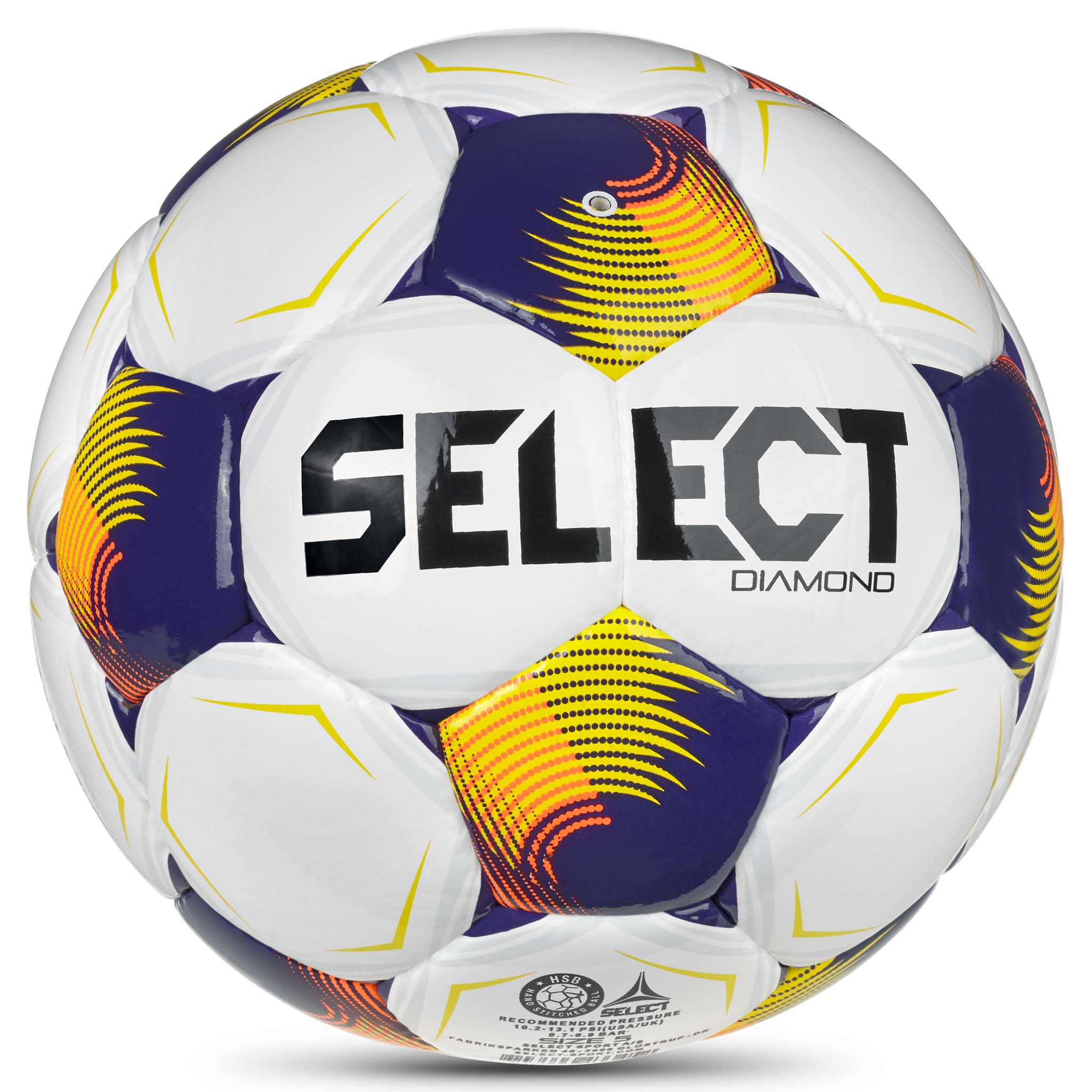 Diamond v26 fodbold, bagside. Hvid bold med lilla, orange og gule paneler og sort logo.