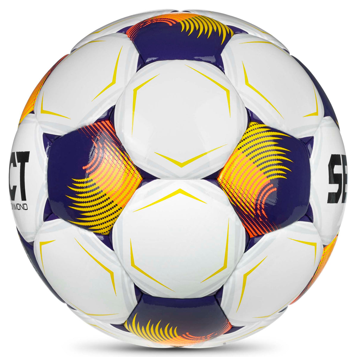 Diamond v26 fotboll i vitt med blå, orange och gula detaljer, sedd från höger sida.