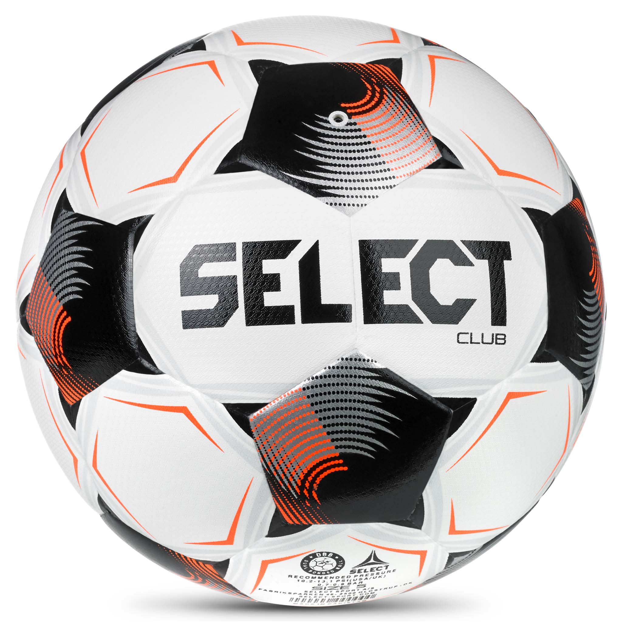Club v26 fodbold bagside, hvid med sorte og orange paneler og Select-logo.