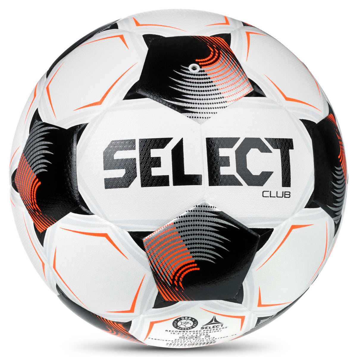 Club v26 fotboll baksida, vit med svarta och orange paneler och Select-logga.