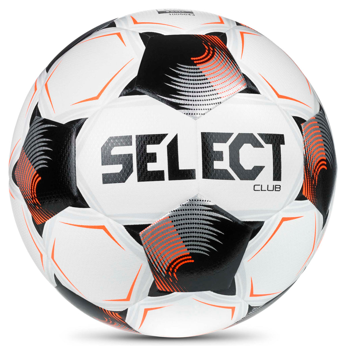 Club v26 fotboll, framsida. Vit boll med svarta och orange paneler och Select-logotyp.