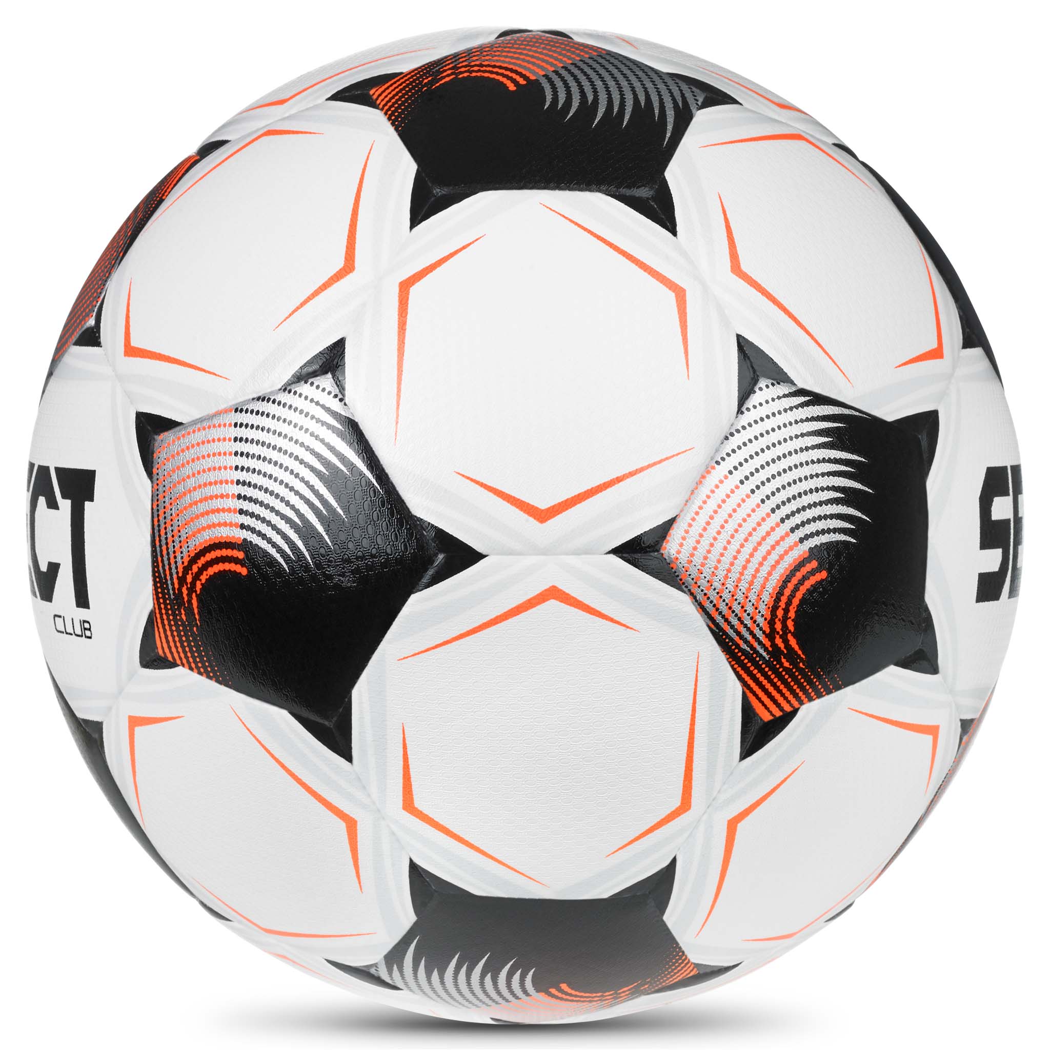 Club v26 fodbold i hvid med sorte og orange paneldetaljer, set fra højre side.