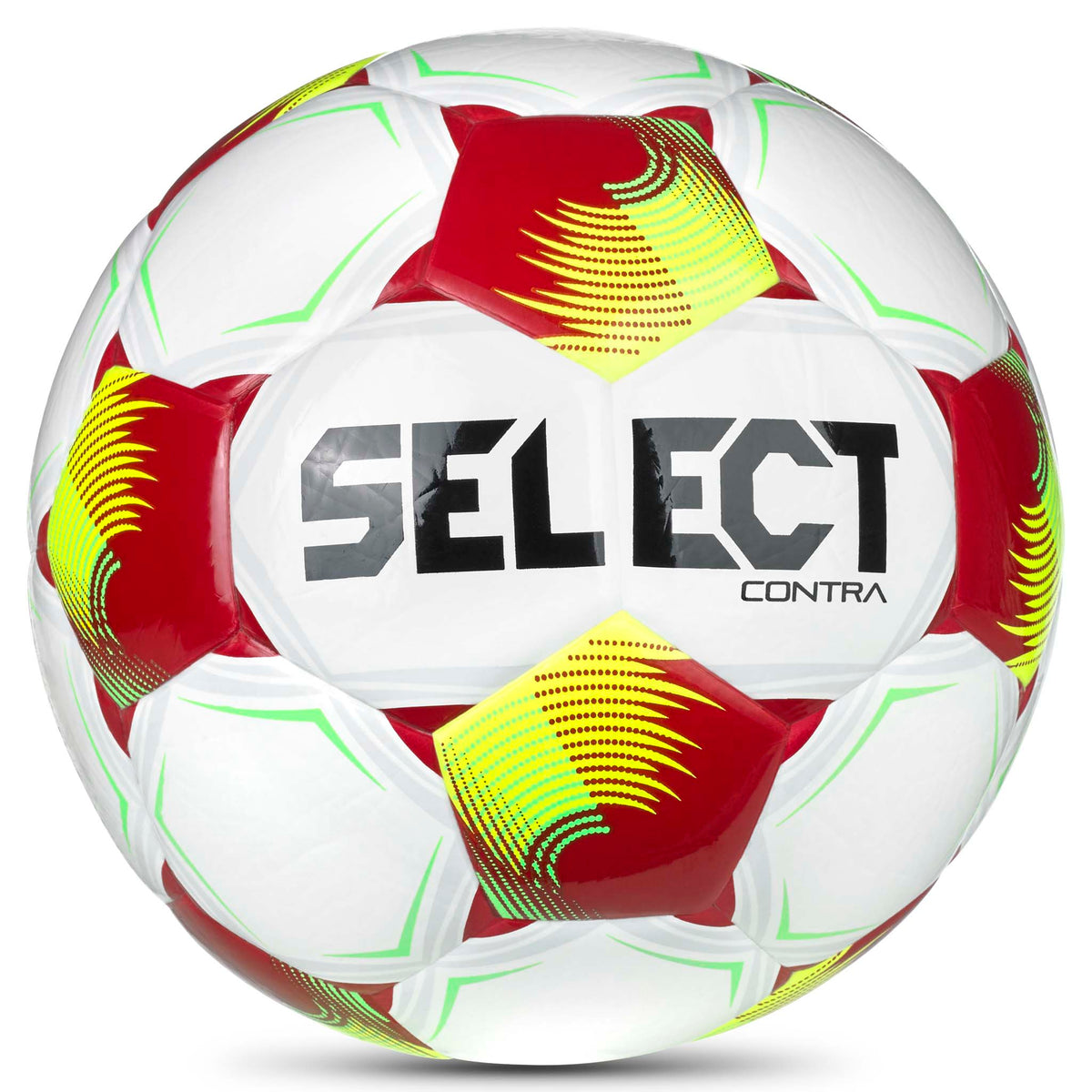 Contra v26 fotboll, framsida. Vit boll med röda, gula och gröna accenter och Select-logga.