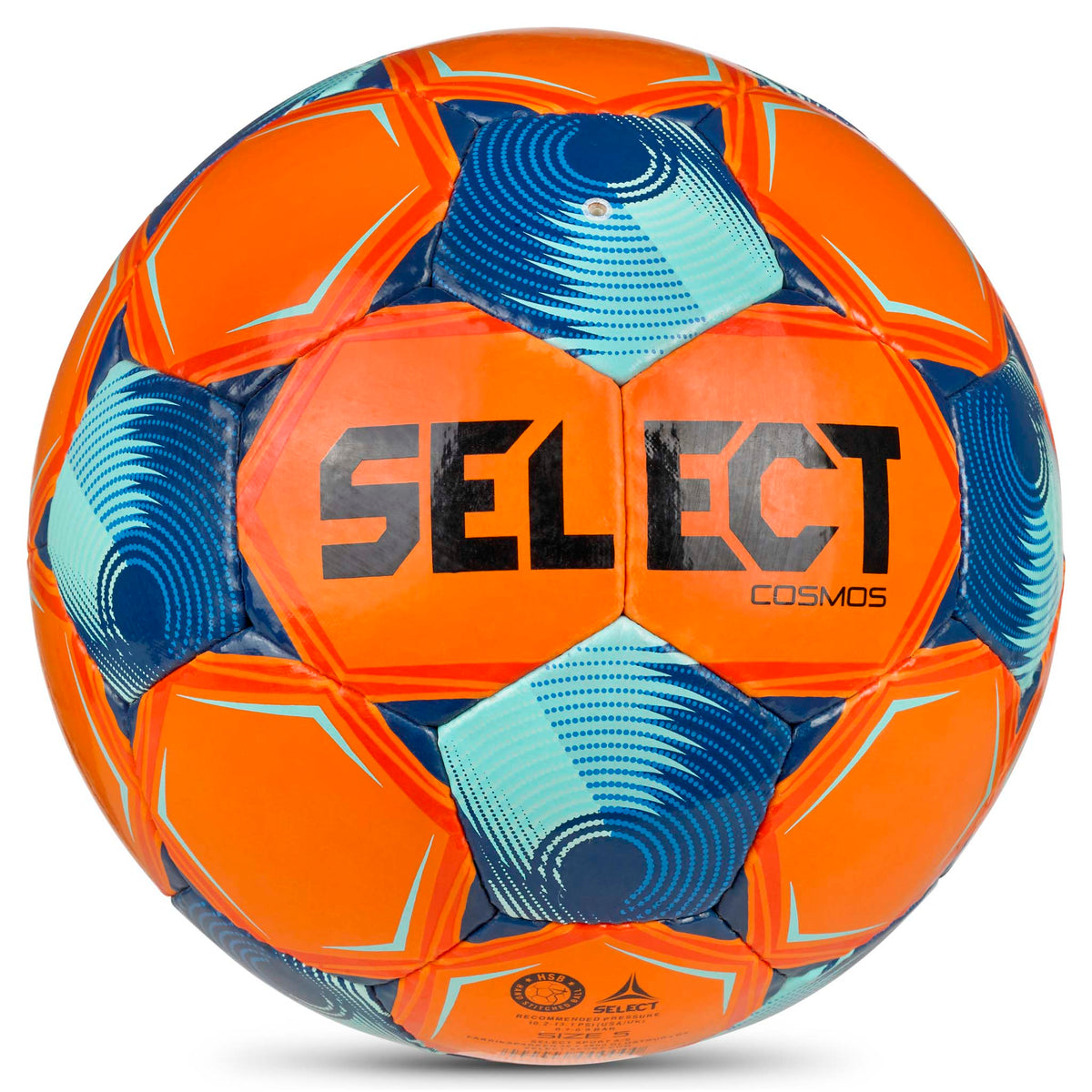 Baksida av Cosmos v26 fotboll i orange med blå och turkosa detaljer.