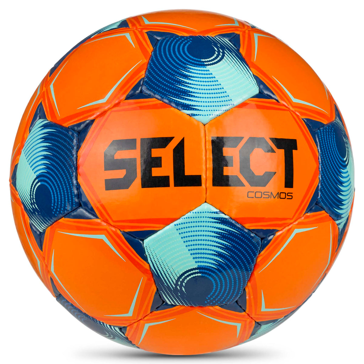 Cosmos v26 fotboll i orange, blå och turkos, framsidesvy.