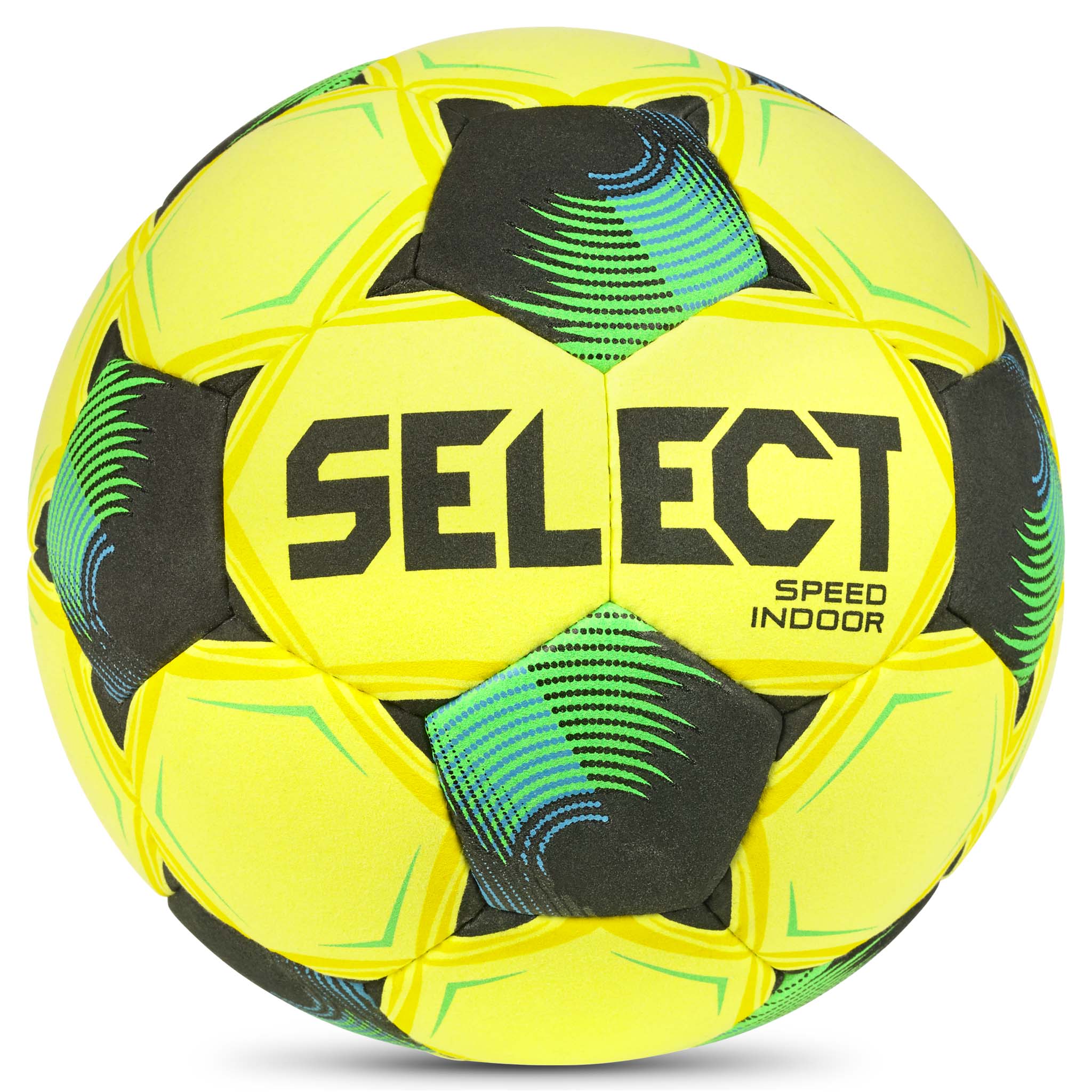 Framsida av Speed Indoor v26 fotboll i gult med gröna och svarta detaljer