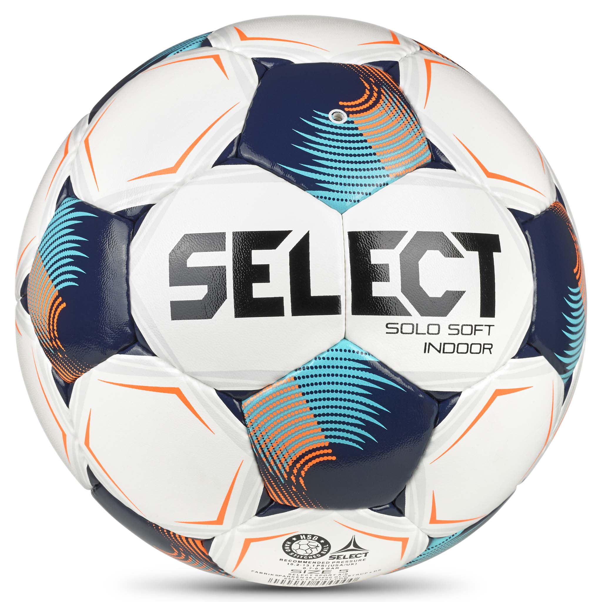 Solo Soft Indoor v26 fotboll i vitt, blått, turkos och orange, sedd bakifrån