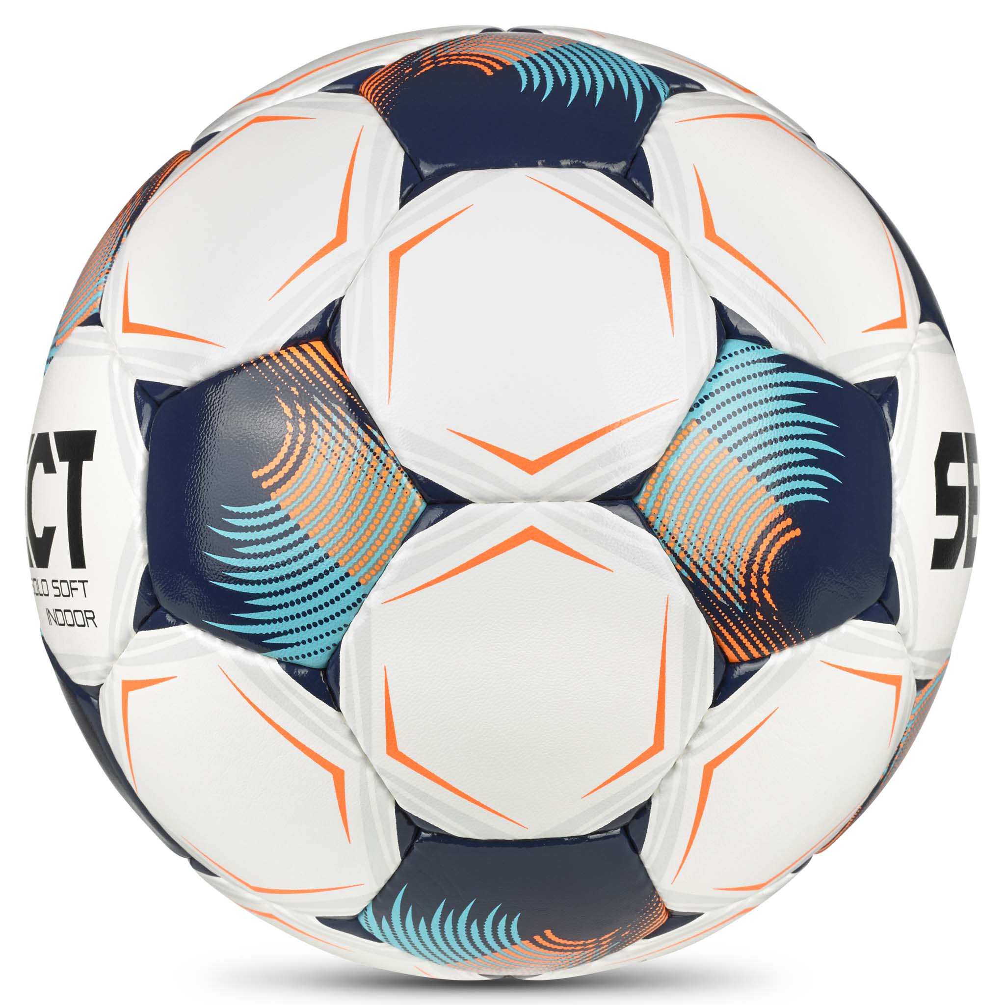 Solo Soft Indoor v26 fotboll i vitt, blått, orange och marinblått, sedd från höger sida