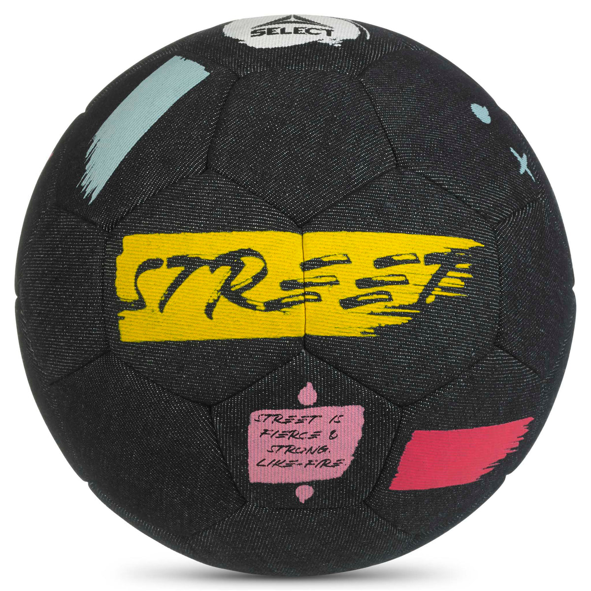 Forside af Street v26 fodbold i sort med gule, blå, pink og hvide graffiti-agtige detaljer. #farve_navy
