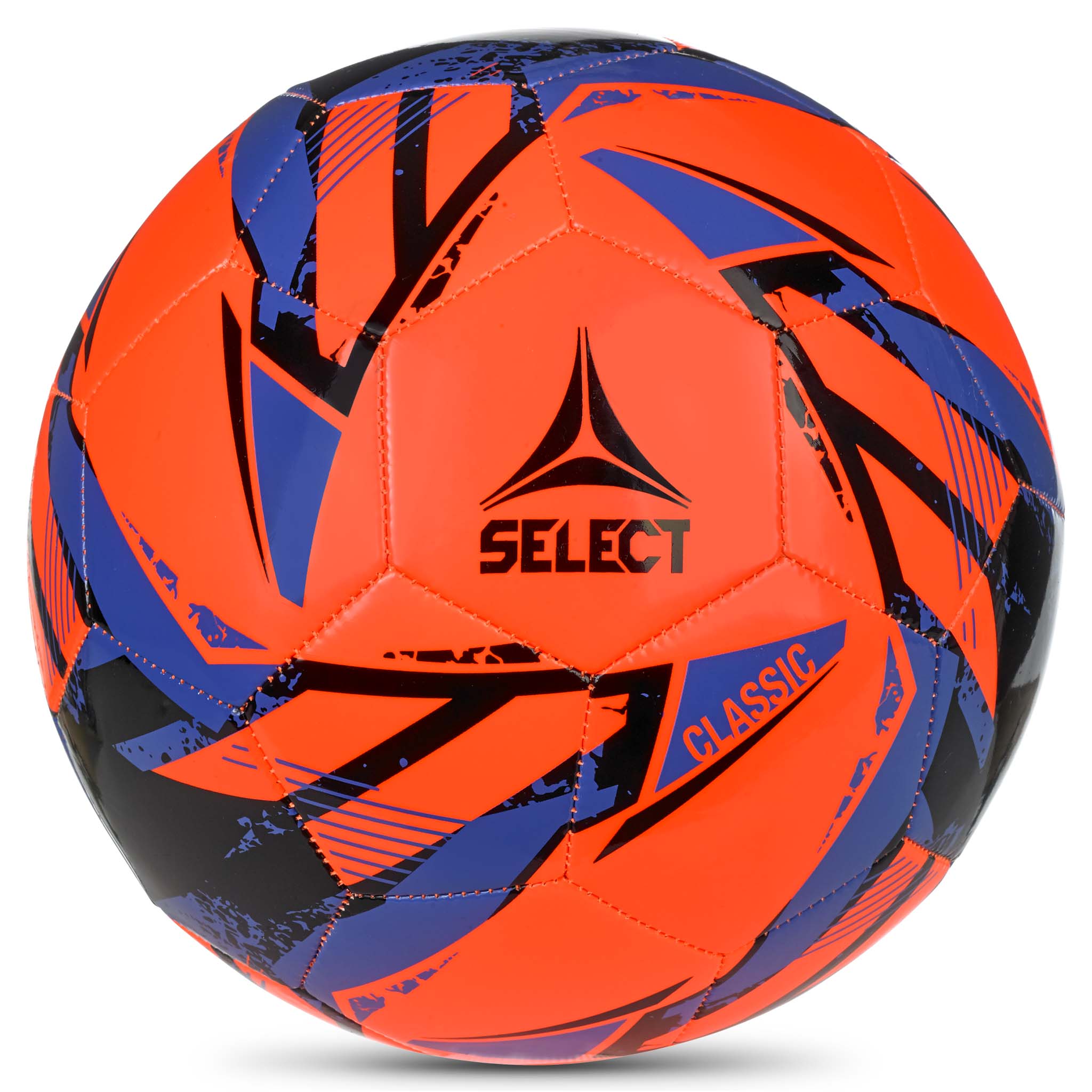 Classic v26 fodbold, forside. Orange bold med blå og sorte mønstre og Select-logo.