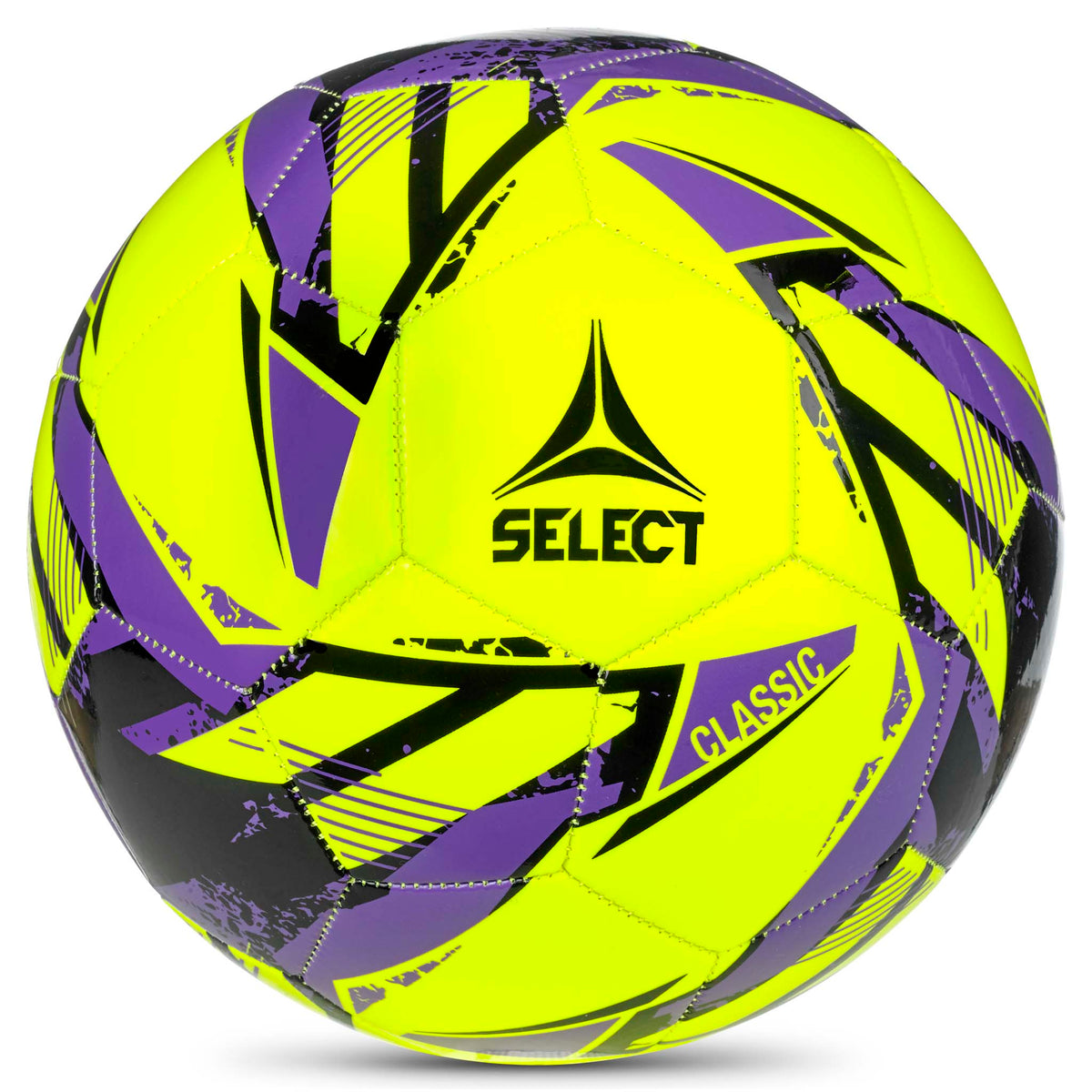 Classic v26 fotboll, framsida. Gul boll med lila och svart design och Select-logga.