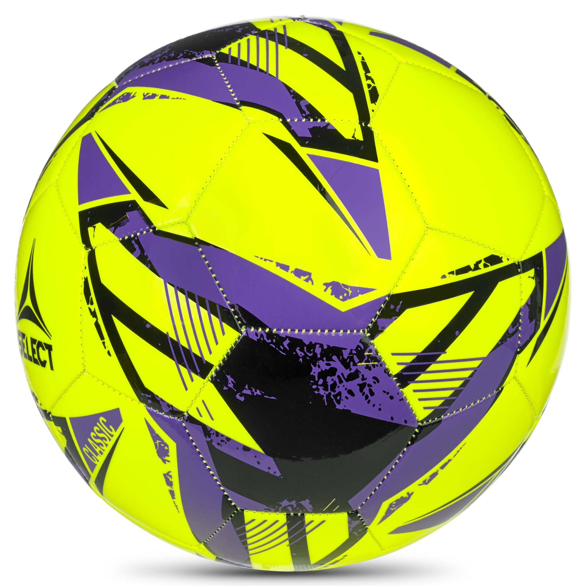 Classic v26 fodbold i neongul med lilla og sort design, set fra højre side.