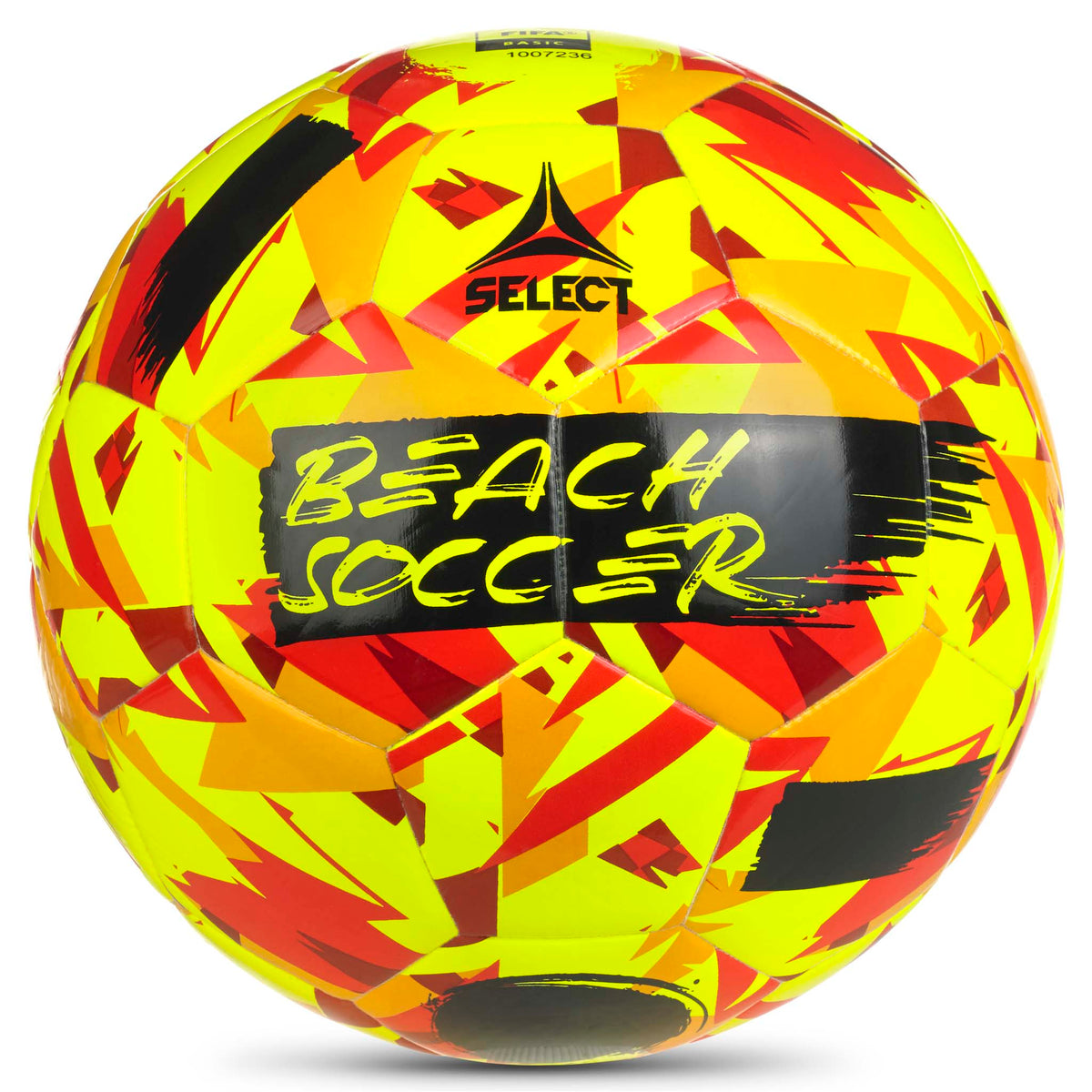 Framsida av Beach Soccer v26 fotboll i gult, rött, orange och svart geometriskt mönster #färg_gul/röd