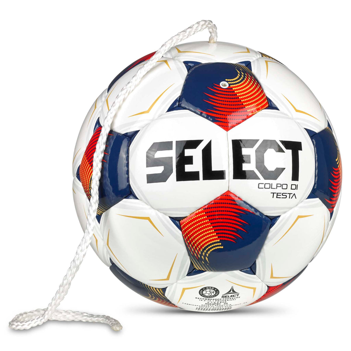 Colpo Di Testa v26 fotboll, baksida, vit med röda, blå och orange paneler, fäst snöre.