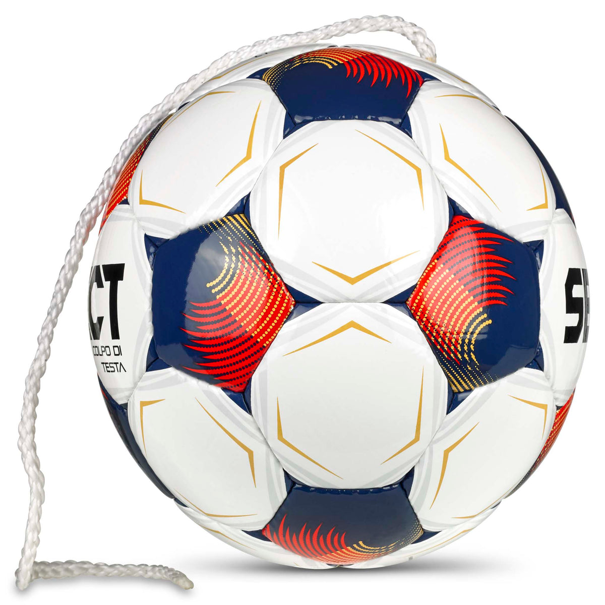 Colpo Di Testa v26 fotboll i vitt, marinblått och rött med upphängningssnöre, sedd från höger