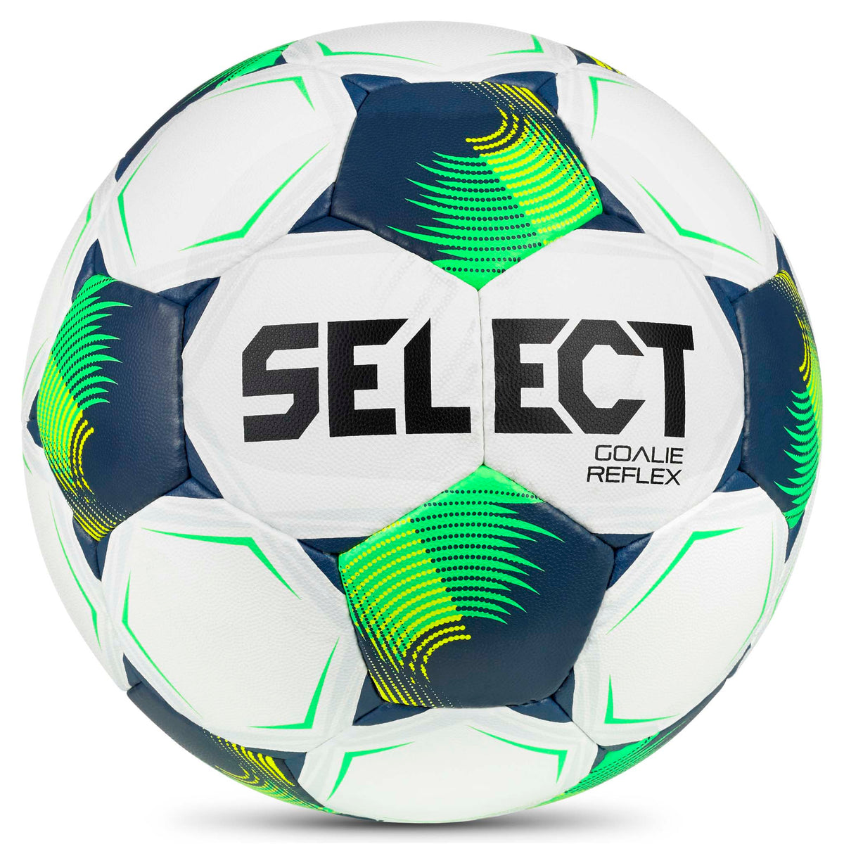 Goalie Reflex v26 fotboll, framsida. Vit boll med gröna, marinblå och gula paneler och svart logotyp.