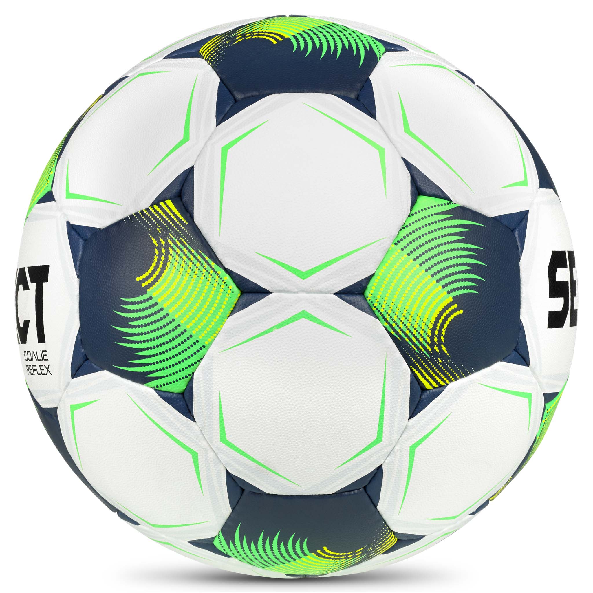 Goalie Reflex v26 fodbold i hvid, grøn og blå, set fra højre side