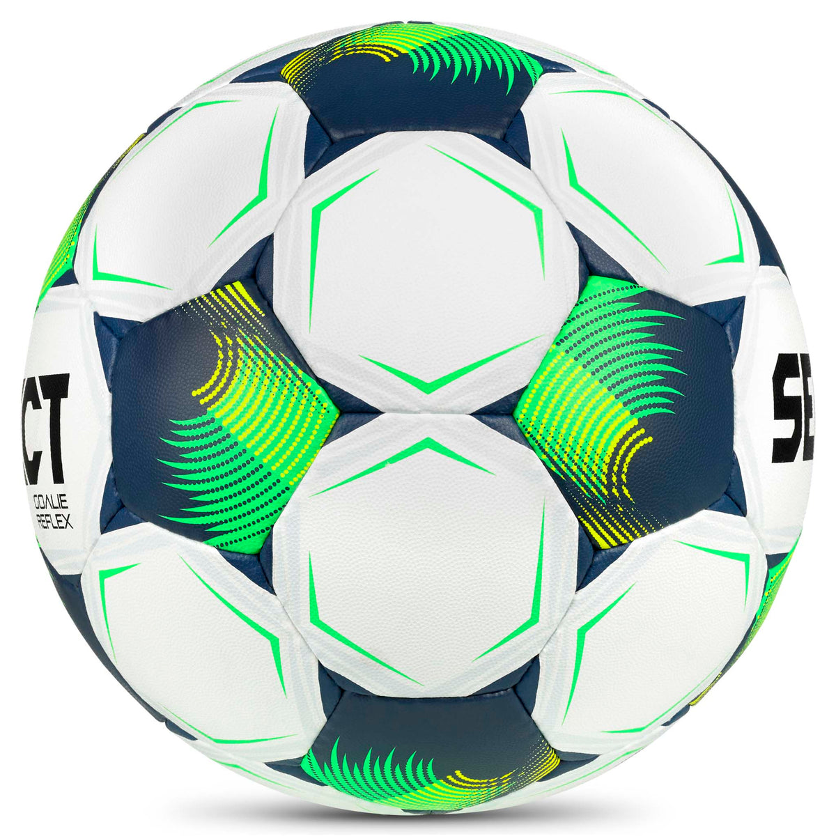 Goalie Reflex v26 fotboll i vitt, grönt och blått, sedd från höger sida
