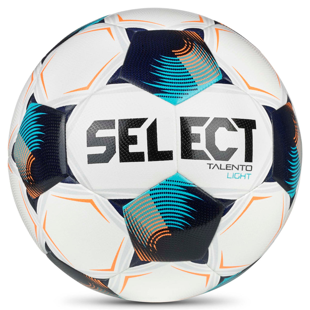 Talento Light v26 fotboll, framsida, vit med blå, marinblå och orange design.