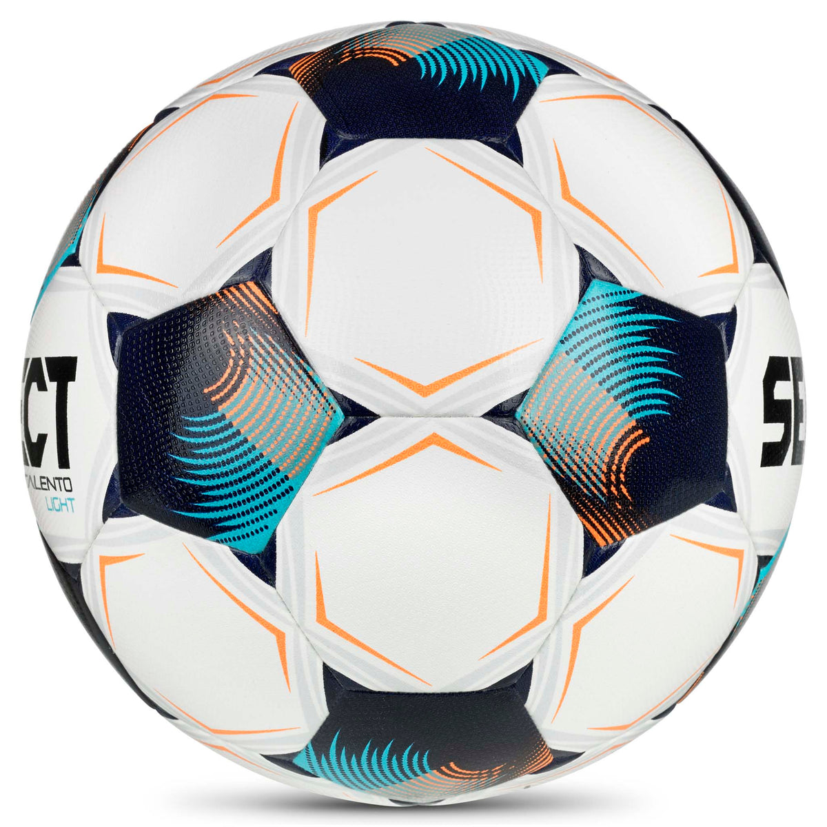 Talento Light v26 fodbold, hvid med blå, marineblå og orange detaljer, set fra højre side