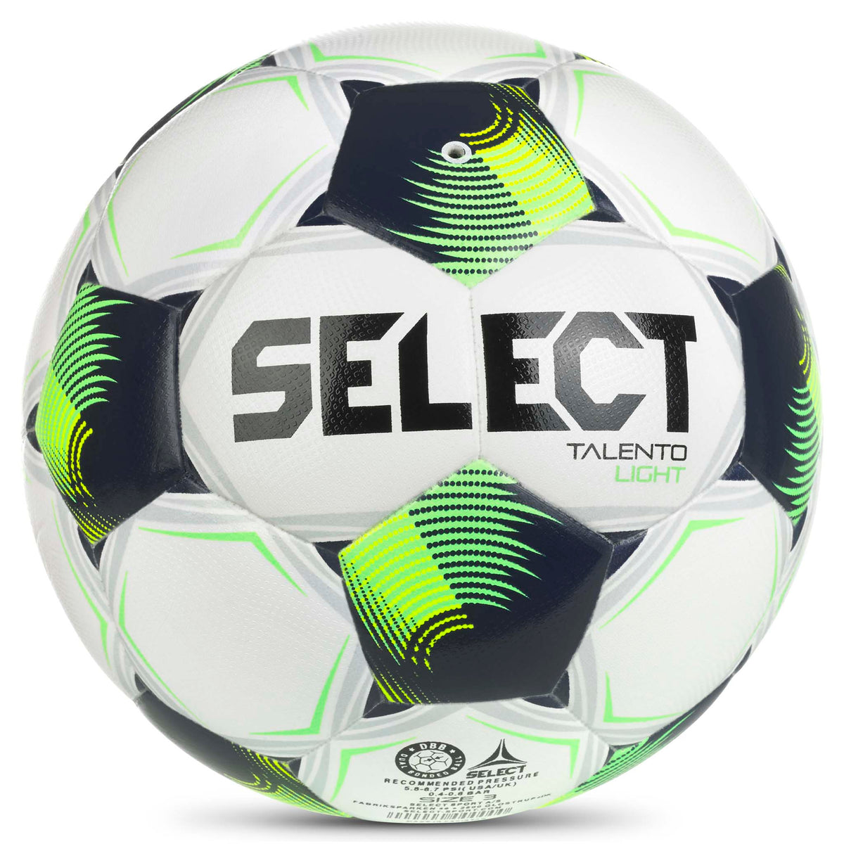 Talento Light v26 fodbold, bagside, hvid med grønt, marineblåt og gult design.