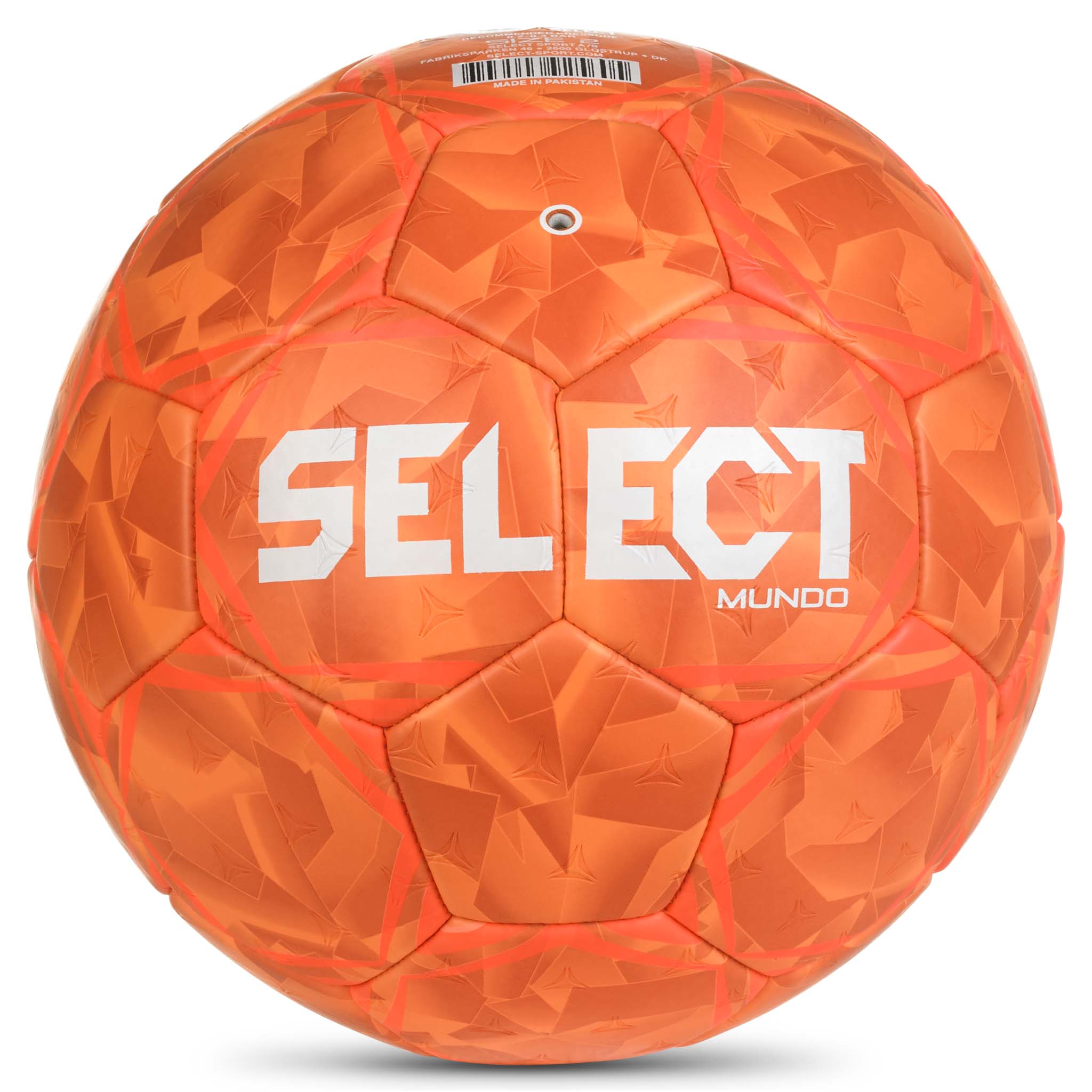 Baksida av orange Mundo v26 handboll med vit Select-logga och strukturerat mönster.