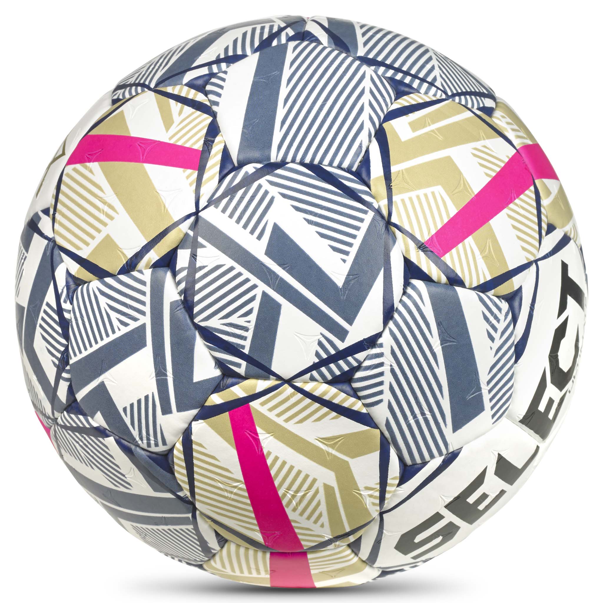 Ultimate EHF Champions League v26 handboll i vitt, blått, guld och rosa med geometriskt mönster, närbild.